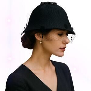 1950’s Vintage Saks 5th Ave Black Asymmetrical Cloche Hat Birdcage Veil Hat Pin
